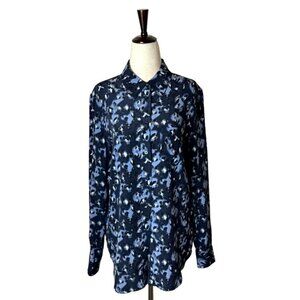 Equipment Shirt Women XS Blue Black Silk Leopard Print Collared Button Up Blouse